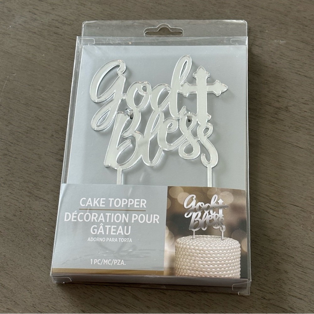 AMSCAN Metallic Silver God Bless Mirrored Cake Topper New